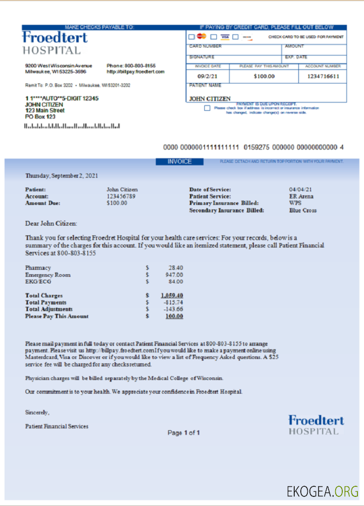 Facture de l'hôpital Froedtert aux États , Unis